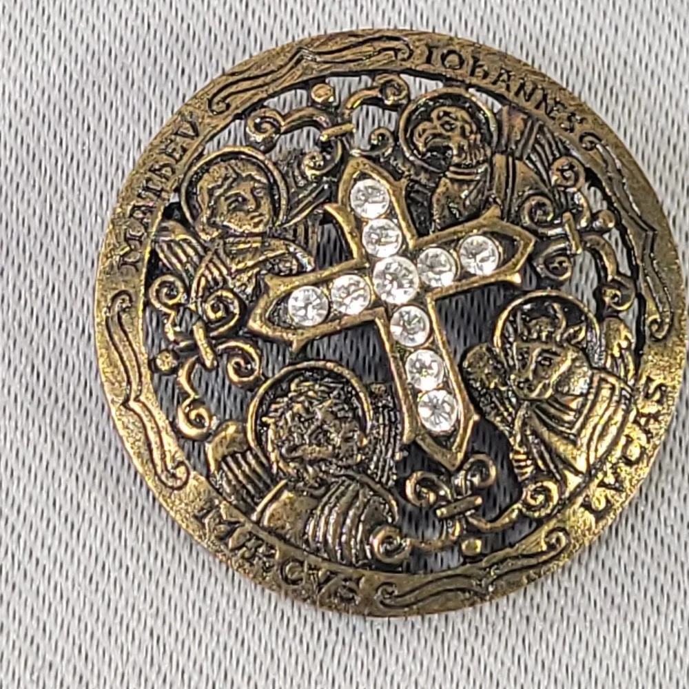 Vatican Library Collection Brass Brooch Rhinestone Cross Four Evangelists Pin